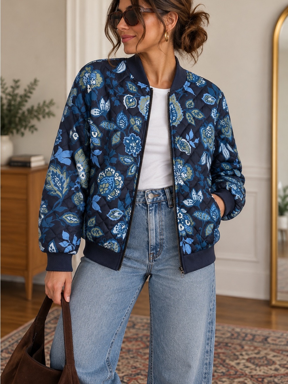 J Jason Wu Floral Quilted Bomber Jacket Blue XS